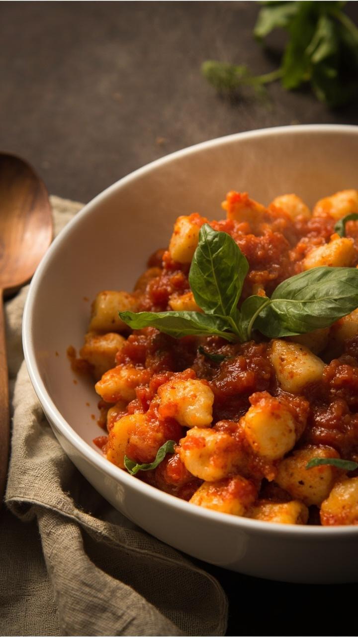 pillowy potato gnocchi tossed in chunky red tomato sauce scattered basil leaves a shallow white bowl a wooden spoon and a folded linen napkin