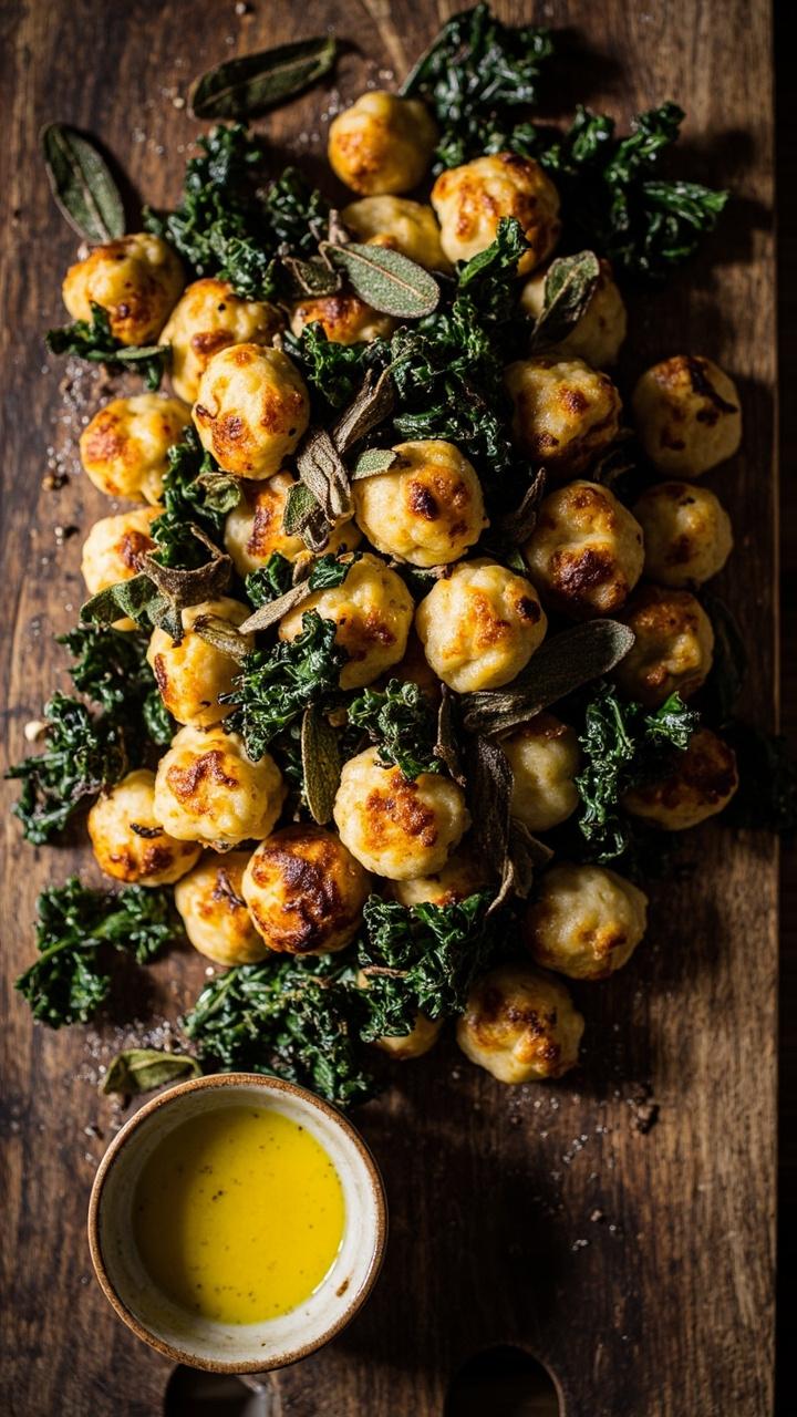 golden pan seared gnocchi scattered toasted sage leaves crispy dark green kale shards a small bowl of vegan butter sauce a rustic wooden board