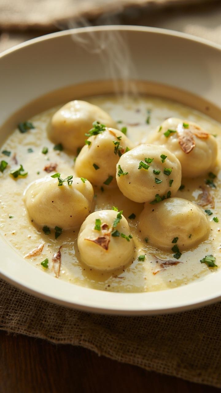 plush gnocchi coated in pale creamy sauce scattered chopped parsley shaved almond slivers a shallow off white plate a linen placemat