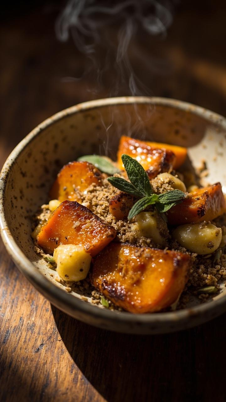 orange roasted pumpkin cubes pan seared gnocchi a sprinkling of toasted pumpkin seeds fresh sage leaves a shallow ceramic bowl on a wooden table