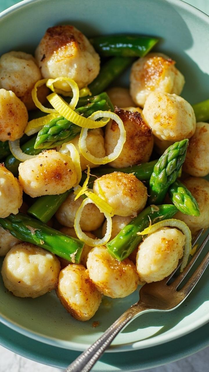 golden gnocchi bright green asparagus spears scattered lemon zest a shallow pale blue bowl a fork resting on the rim
