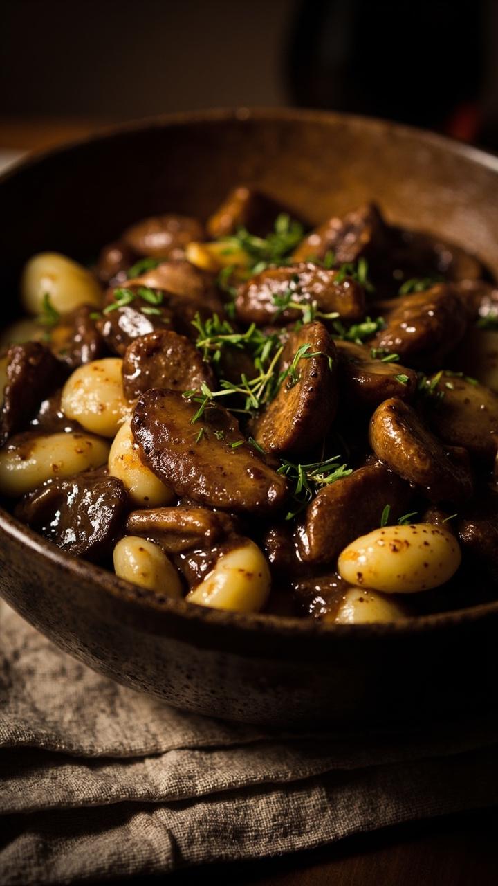 brown seared mushrooms gnocchi glossy marsala sauce a sprinkle of fresh thyme a shallow dark ceramic bowl a linen napkin