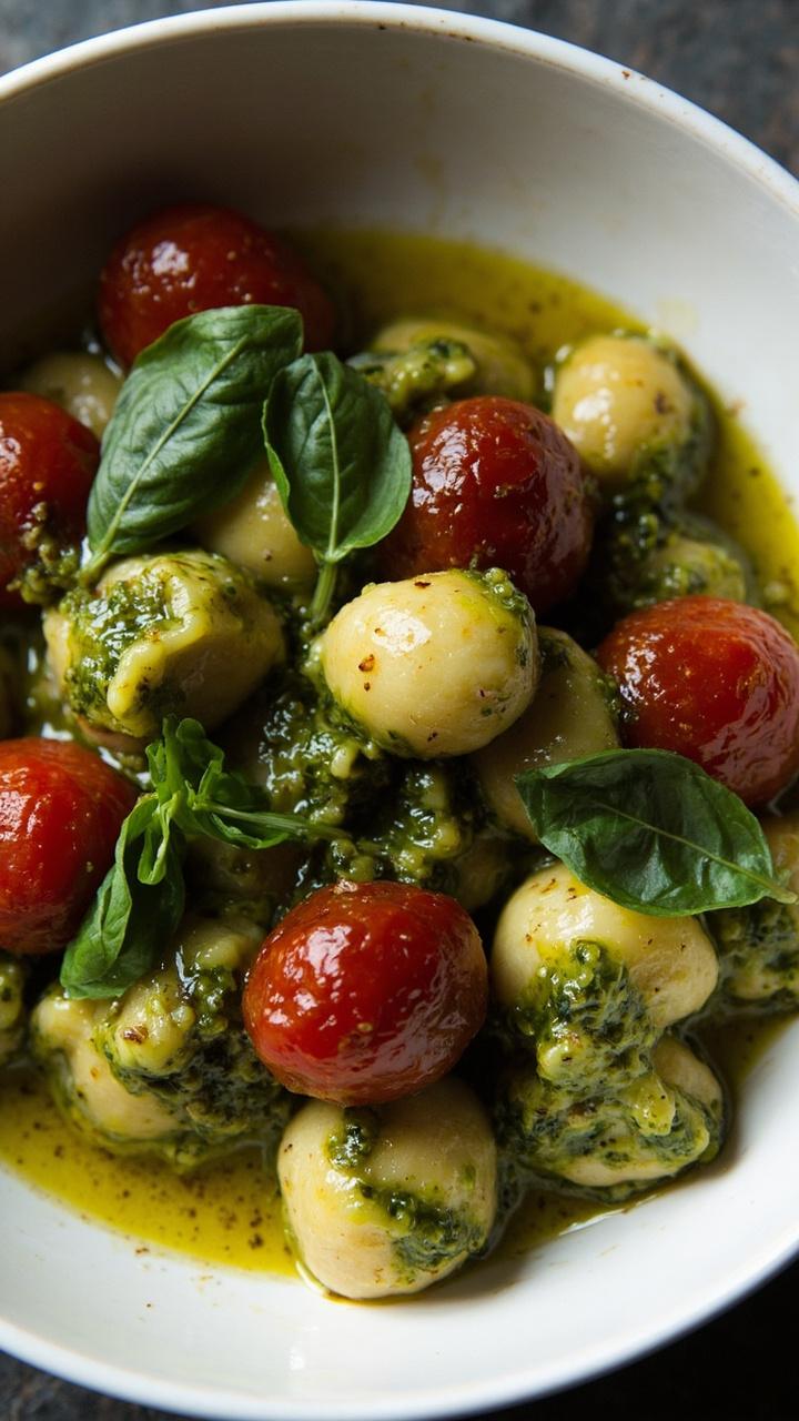 green pesto coated gnocchi halved roasted cherry tomatoes a few basil leaves a shallow white bowl a drizzle of olive oil