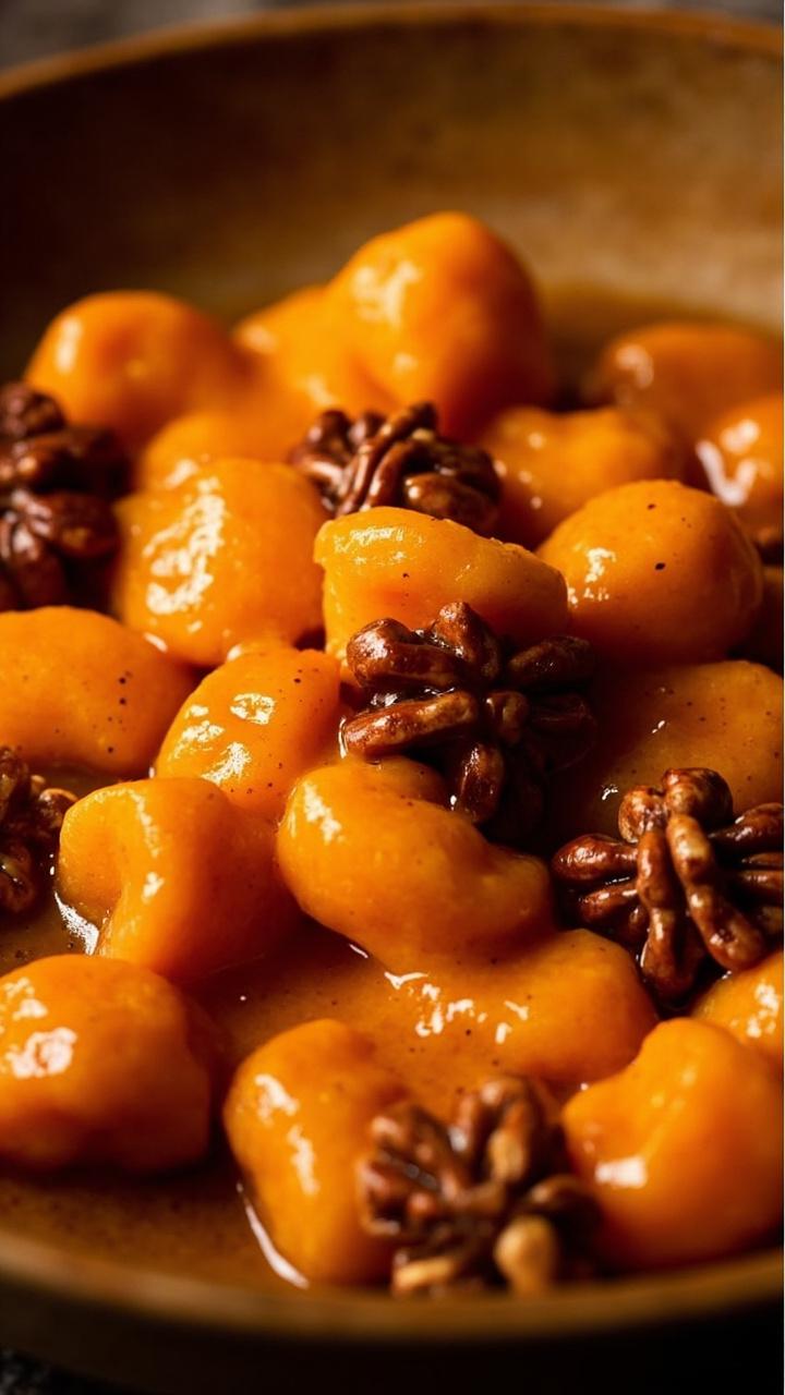 orange glazed sweet potato gnocchi scattered toasted walnut halves a small drizzle of maple visible on the gnocchi a shallow ceramic bowl with a warm tone