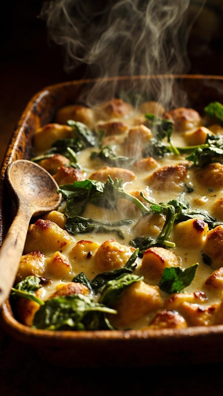 golden baked gnocchi in a casserole dish visible pockets of melted vegan ricotta bright spinach leaves a wooden serving spoon on the side