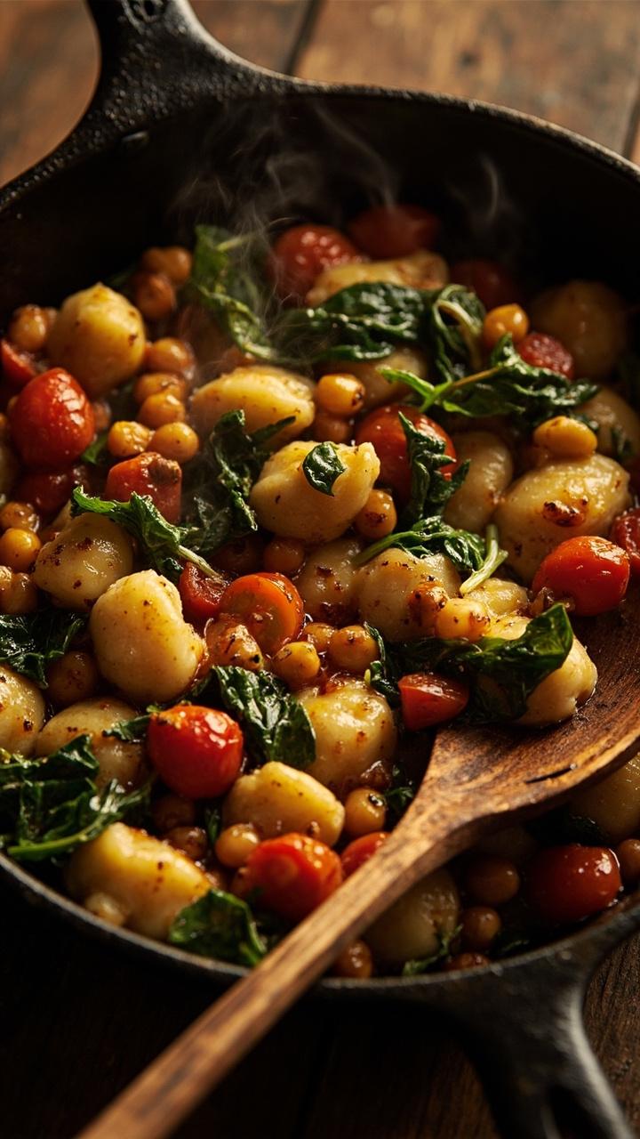 gnocchi mingled with whole chickpeas tomato chunks wilted spinach a cast iron skillet a wooden spoon