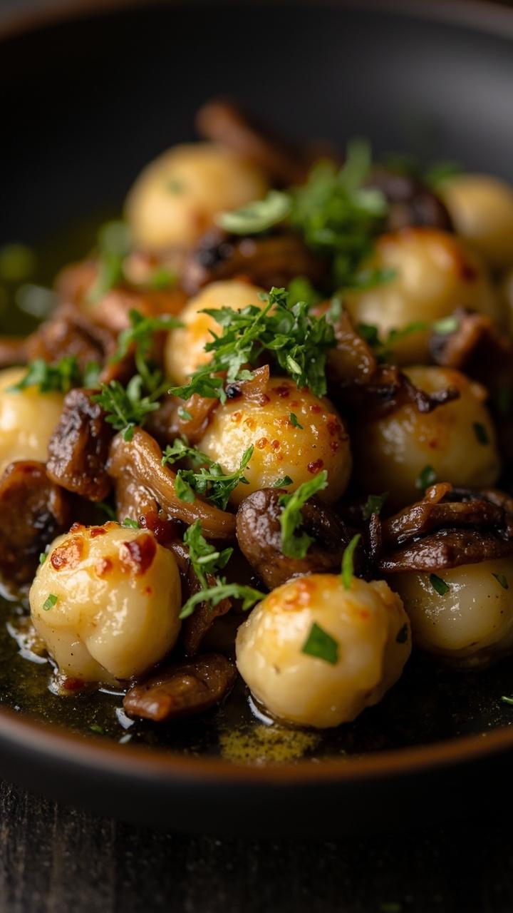 seared gnocchi with sliced brown mushrooms a light sheen of truffle oil a sprinkle of chopped parsley a dark shallow plate
