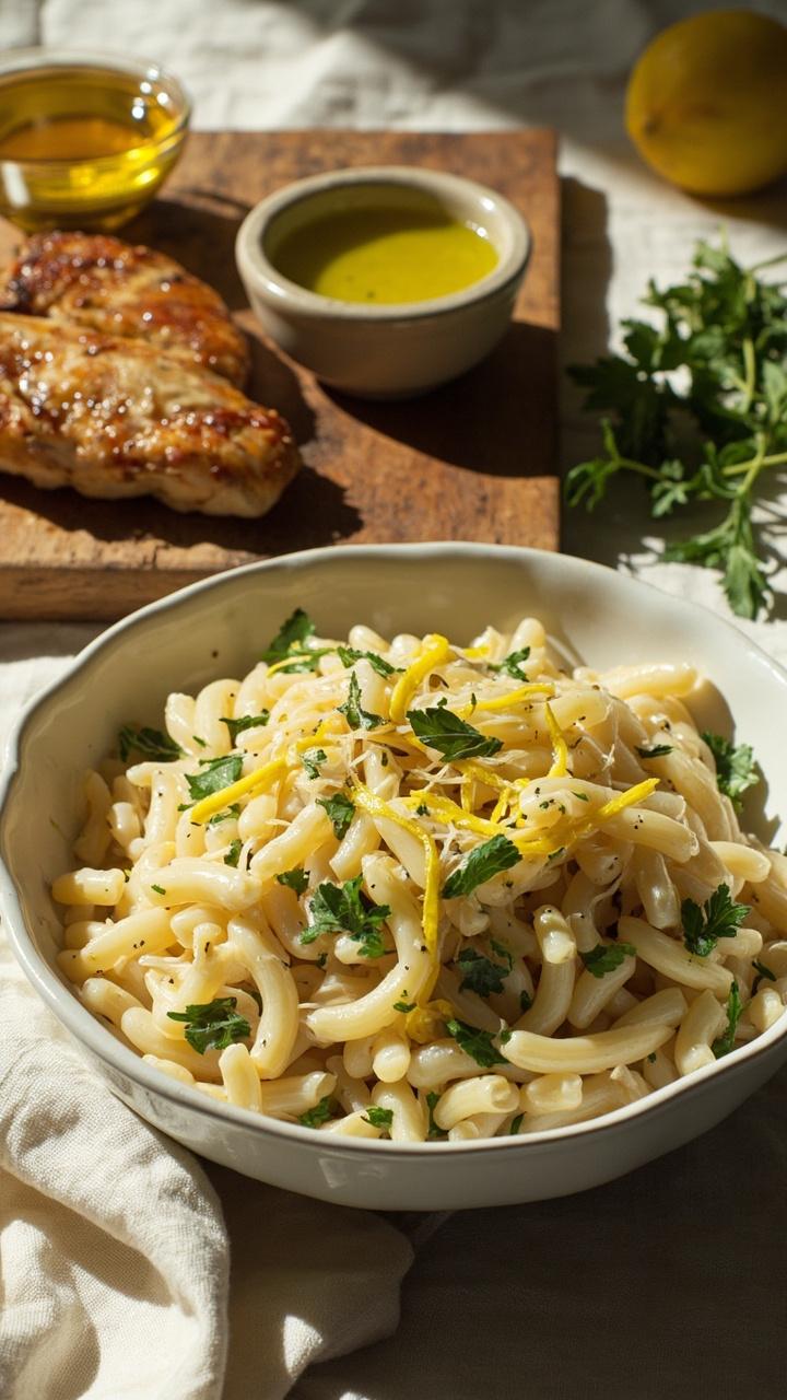 A shallow white bowl of glossy orzo studded with green parsley and lemon zest next to two slices of golden roasted chicken on a wooden cutting board. A lemon half and a small ramekin of olive oil sit nearby. The tablecloth is simple linen and light catches on the herbs. A shallow white bowl of glossy orzo studded with green parsley and lemon zest next to two slices of golden roasted chicken on a wooden cutting board. A lemon half and a small ramekin of olive oil sit nearby. The tablecloth is simple linen and light catches on the herbs.
