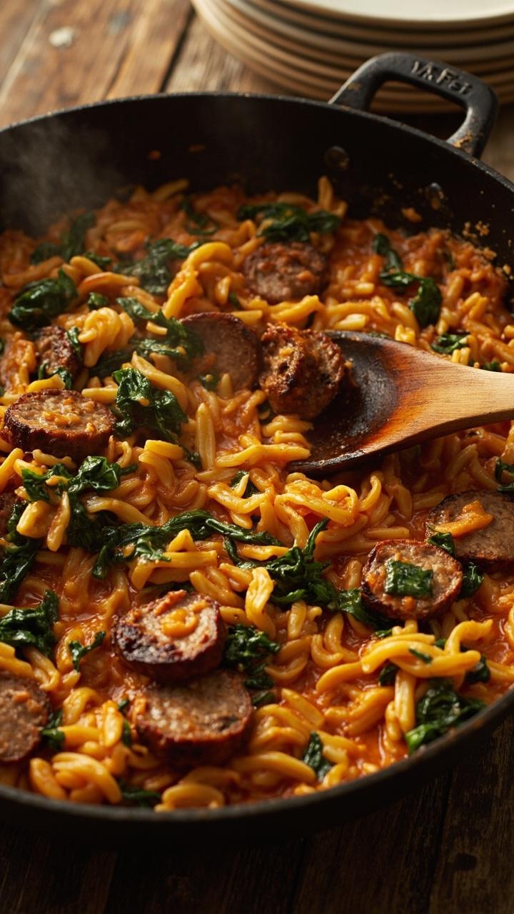 A deep skillet full of creamy orange tinted orzo with wilted dark green spinach and browned sausage slices on top. A wooden spoon rests in the pan and a small stack of plates sits ready for serving on a rustic table. A deep skillet full of creamy orange tinted orzo with wilted dark green spinach and browned sausage slices on top. A wooden spoon rests in the pan and a small stack of plates sits ready for serving on a rustic table.