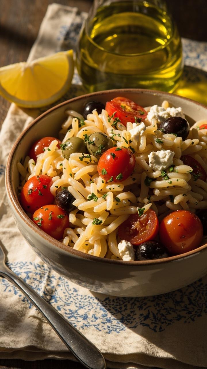 A shallow bowl of pearly orzo tossed with halved cherry tomatoes, crumbled white feta, sliced dark olives and sprinkled with chopped oregano. A small carafe of extra virgin olive oil and a wedge of lemon sit nearby on a blue patterned napkin. A shallow bowl of pearly orzo tossed with halved cherry tomatoes, crumbled white feta, sliced dark olives and sprinkled with chopped oregano. A small carafe of extra virgin olive oil and a wedge of lemon sit nearby on a blue patterned napkin.