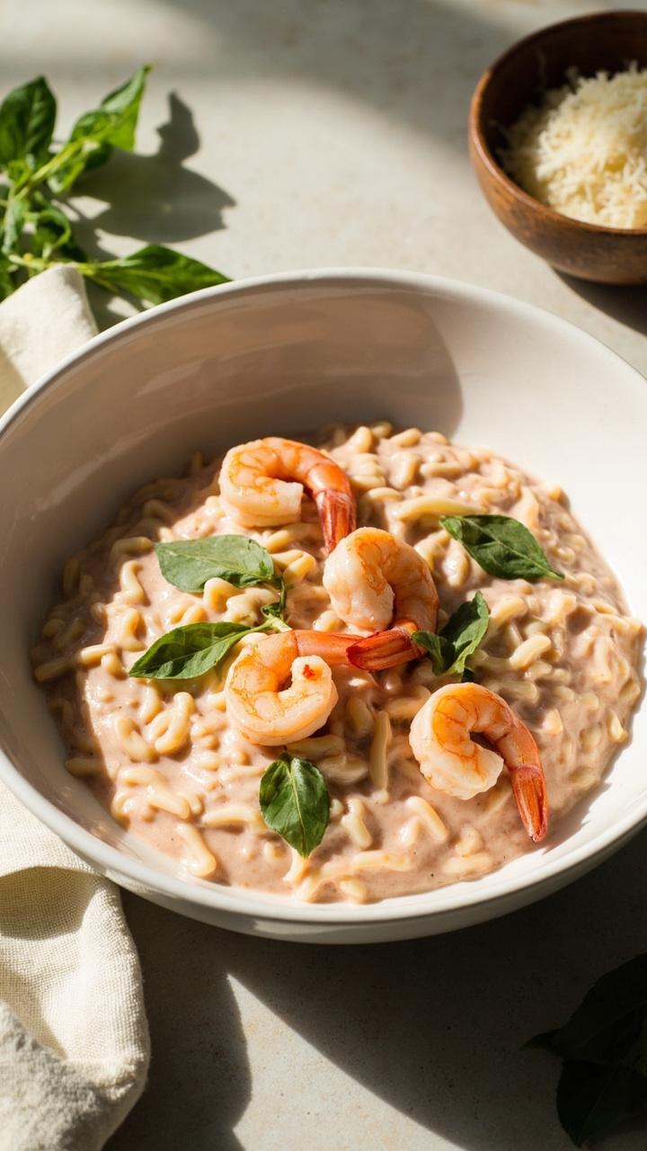 A shallow white bowl of pink creamy orzo dotted with bright green basil leaves and plump pink shrimp perched on top. A basil sprig and a small bowl of grated Parmesan sit beside a folded napkin. A shallow white bowl of pink creamy orzo dotted with bright green basil leaves and plump pink shrimp perched on top. A basil sprig and a small bowl of grated Parmesan sit beside a folded napkin.