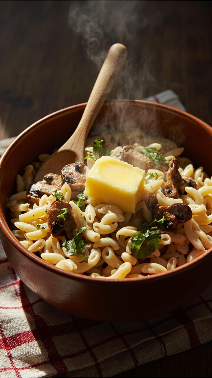 A cozy bowl of creamy beige orzo flecked with golden brown mushroom slices and small green thyme leaves. A pat of melting butter sits on top and a small wooden spoon is tucked beside the bowl on a checked napkin. A cozy bowl of creamy beige orzo flecked with golden brown mushroom slices and small green thyme leaves. A pat of melting butter sits on top and a small wooden spoon is tucked beside the bowl on a checked napkin.