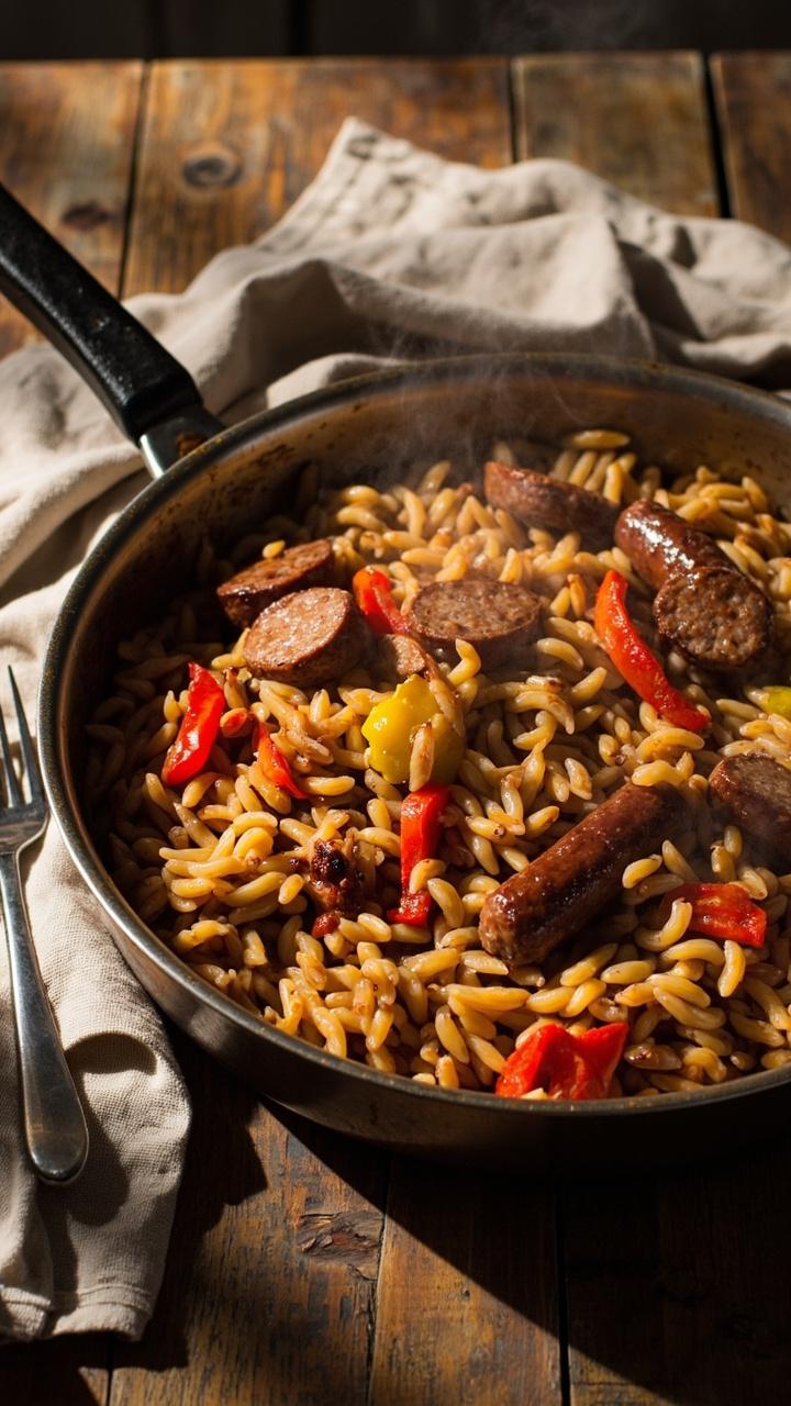 A wide shallow pan filled with amber orzo mixed with strips of red and yellow bell pepper and browned sausage rounds. A folded kitchen towel and a fork are placed beside the pan on a worn wooden table. A wide shallow pan filled with amber orzo mixed with strips of red and yellow bell pepper and browned sausage rounds. A folded kitchen towel and a fork are placed beside the pan on a worn wooden table.