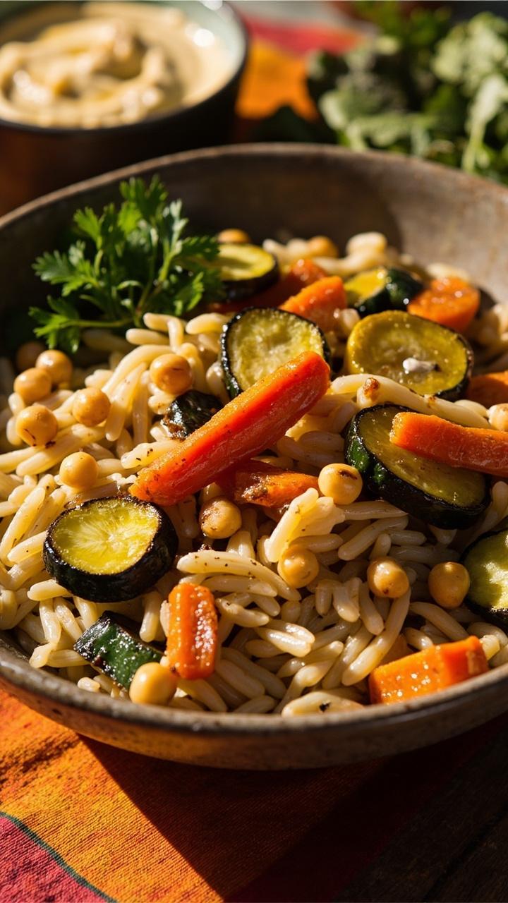 A deep bowl of golden roasted carrots and zucchini over a bed of pale orzo with glossy chickpeas and a drizzle of lemony oil. A small dish of hummus and a sprig of parsley lie beside the bowl on a bright napkin. A deep bowl of golden roasted carrots and zucchini over a bed of pale orzo with glossy chickpeas and a drizzle of lemony oil. A small dish of hummus and a sprig of parsley lie beside the bowl on a bright napkin.
