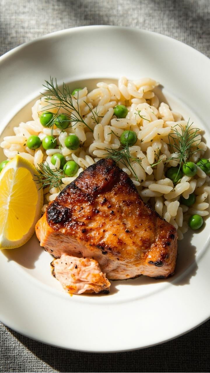 A plate with a fillet of golden seared salmon beside a mound of pale orzo studded with bright green peas and flecks of dill. A lemon wedge sits at the edge and the setting is a clean white plate on a gray placemat. A plate with a fillet of golden seared salmon beside a mound of pale orzo studded with bright green peas and flecks of dill. A lemon wedge sits at the edge and the setting is a clean white plate on a gray placemat.
