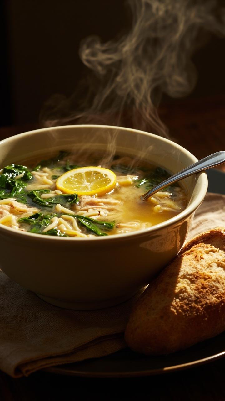A deep soup bowl filled with clear broth, visible orzo, shredded chicken, spinach, and a slice of lemon floating on top. A spoon rests in the bowl and a napkin with a small loaf of crusty bread sits nearby. A deep soup bowl filled with clear broth, visible orzo, shredded chicken, spinach, and a slice of lemon floating on top. A spoon rests in the bowl and a napkin with a small loaf of crusty bread sits nearby.