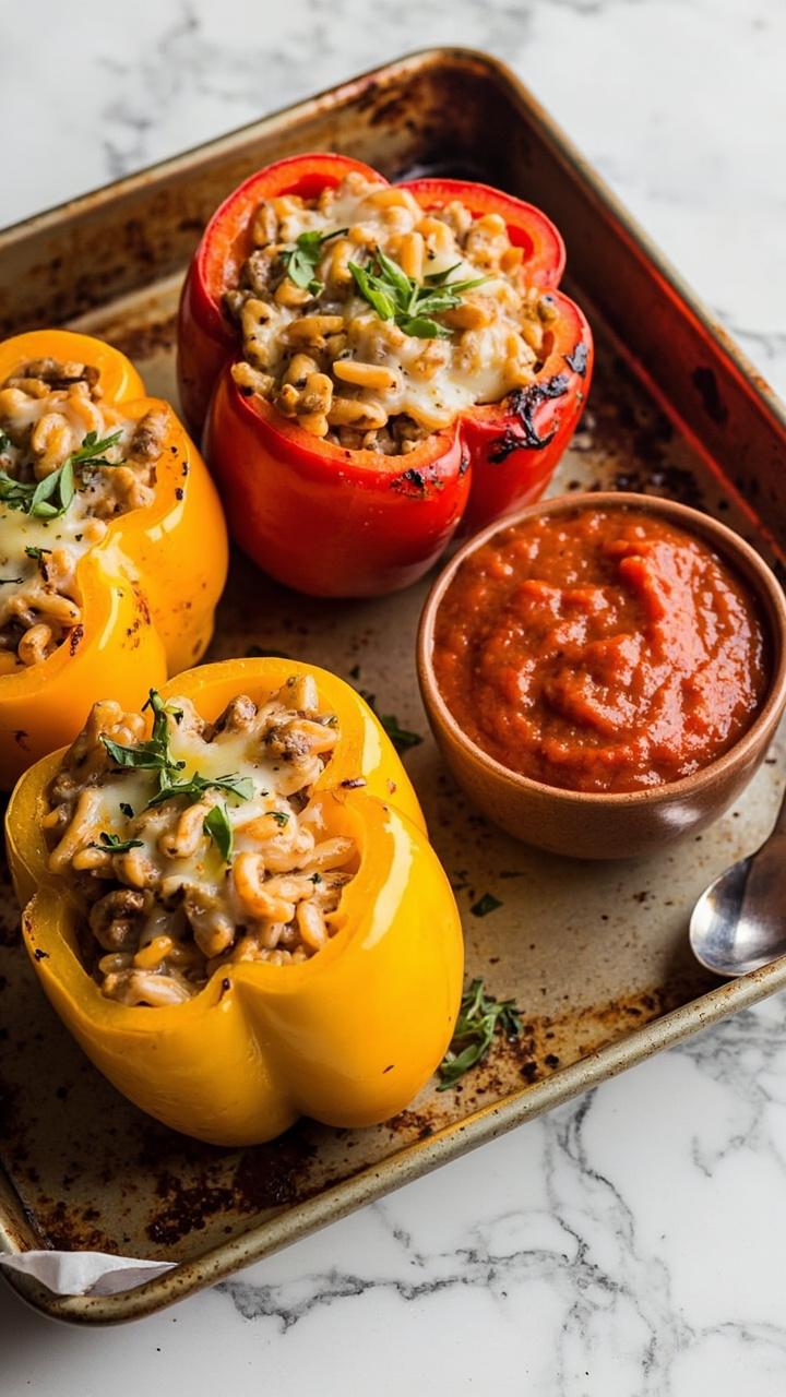 Three halved bell peppers standing upright on a baking tray filled with golden orzo filling dotted with melted cheese and chopped herbs. A small bowl of marinara and a spoon are nearby on a marble counter. Three halved bell peppers standing upright on a baking tray filled with golden orzo filling dotted with melted cheese and chopped herbs. A small bowl of marinara and a spoon are nearby on a marble counter.
