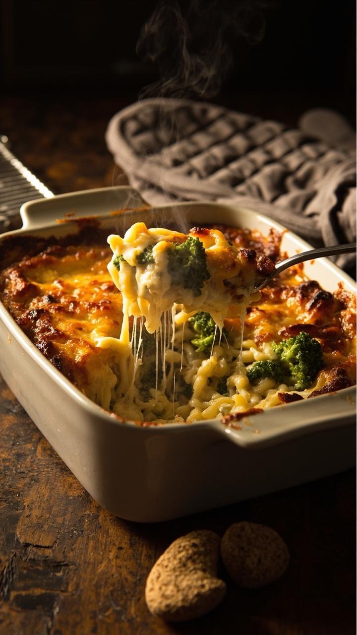 A square baking dish fresh from the oven with bubbling golden cheese on top and a spoonful removed to reveal creamy orzo and vibrant green broccoli florets. A cooling rack and oven mitt sit beside the dish on a wooden counter. A square baking dish fresh from the oven with bubbling golden cheese on top and a spoonful removed to reveal creamy orzo and vibrant green broccoli florets. A cooling rack and oven mitt sit beside the dish on a wooden counter.