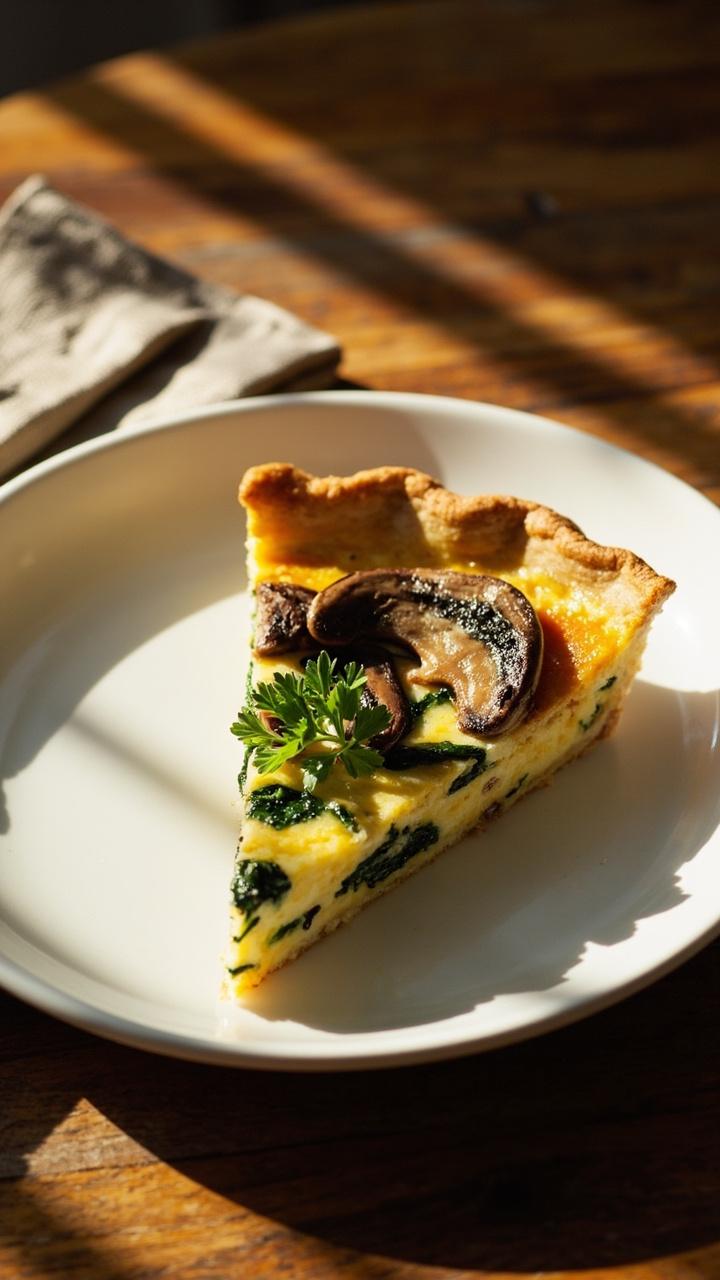 A single golden crustless quiche wedge on a white ceramic plate, bright green wilted spinach visible in the custard, browned mushrooms on top, a small sprig of parsley, and a linen napkin at the side on a wooden table.