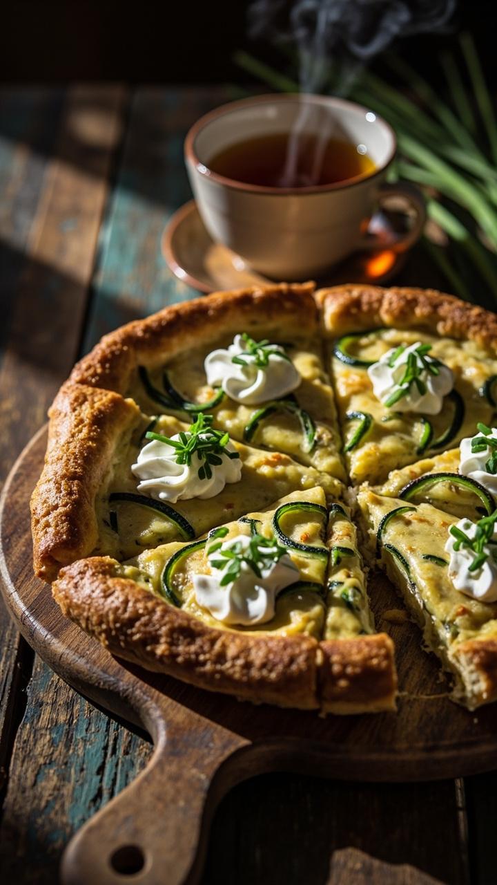 A whole wheat quiche cut into wedges on a round wood board, visible ribbons of green zucchini in the custard, small dollops of ricotta on top, a scattering of chopped chives, and a cup of herbal tea beside it.