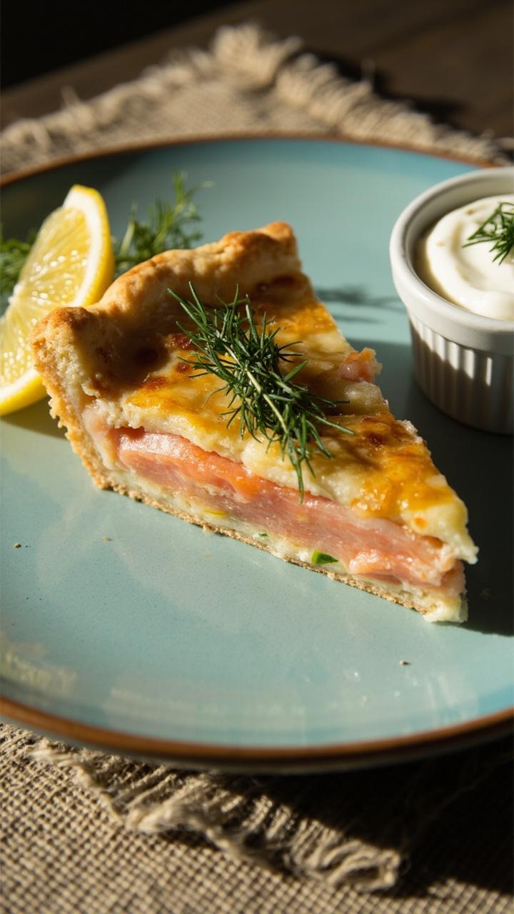 A slice of quiche on a pale blue plate with visible pink flakes of smoked salmon and green dill, a lemon wedge at the side, and a small ramekin of extra dill yogurt on a linen placemat.