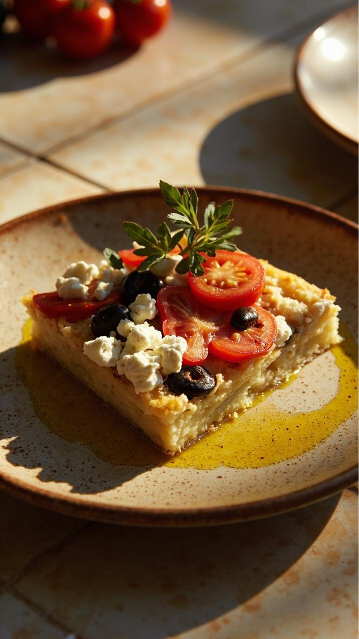 A colorful quiche square on a rustic plate with halved cherry tomatoes on top, scattered black olive slices and crumbled feta, a drizzle of olive oil and a sprig of oregano, on a tiled kitchen counter.
