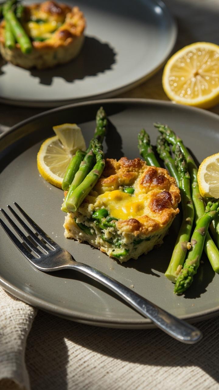 A small quiche cut into wedges on a gray dinner plate, spears of blanched asparagus arranged on top, bright green peas visible in the filling, a lemon half nearby, and a simple fork resting on a linen napkin.