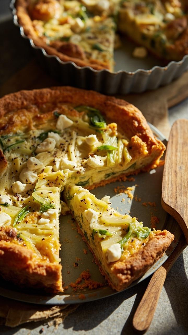 A quiche with an orange sweet potato crust in a metal tart pan, slices showing soft yellow custard with flecks of green leek and white feta, a dusting of black pepper and a wooden serving spatula beside it.