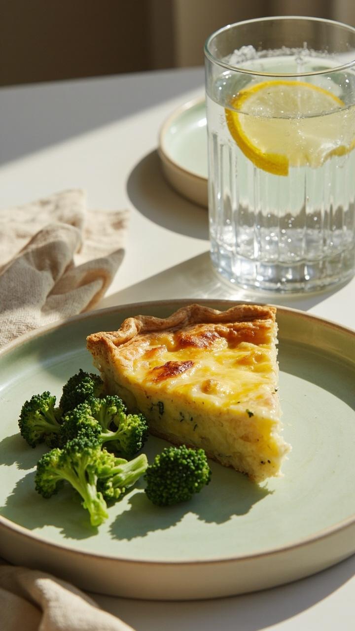 A slice of quiche on a pale green plate with florets of steamed broccoli nearby, a gently browned top with melted cheddar, a soft cloth napkin, and a glass of water with a lemon slice.