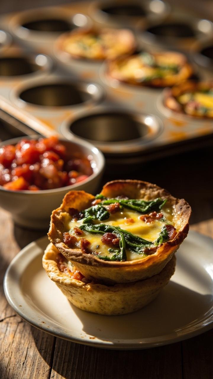 A muffin tin lined with golden mini quiche cups, some removed and stacked on a small plate, visible ribbons of green spinach and tiny pieces of browned turkey bacon, and a small bowl of salsa on the side.