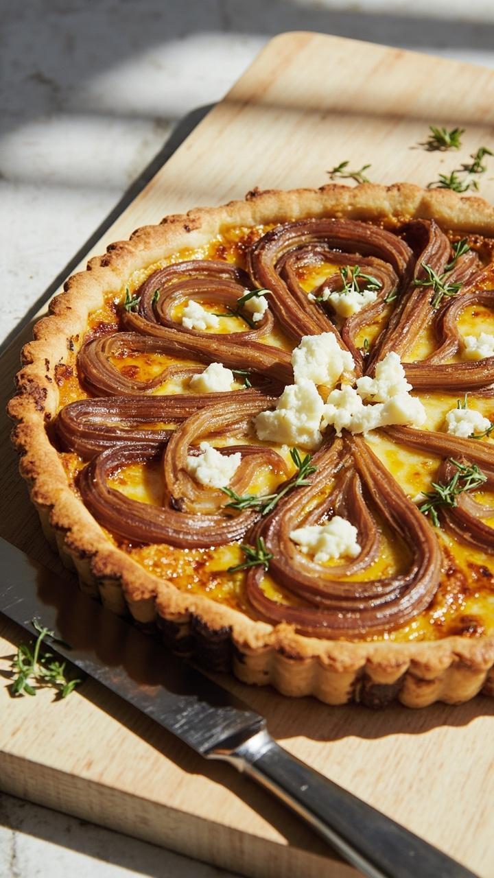 A quiche on a pale wooden board with a glossy top, visible brown ribbons of caramelized onion, small crumbles of white goat cheese, a few thyme leaves, and a serrated knife beside it.