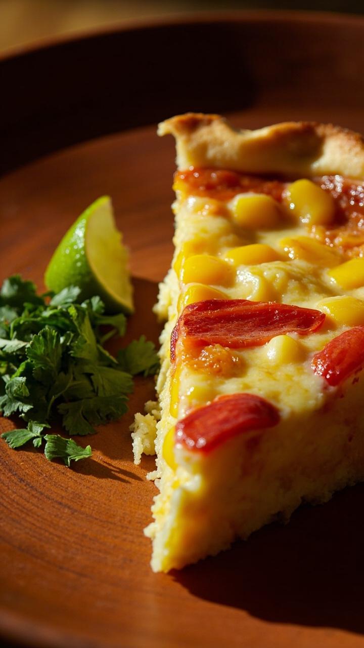 A quiche wedge on a terracotta plate with diced red and yellow bell peppers visible in the filling, corn kernels peeking through, a small pile of chopped cilantro on the side, and a lime wedge.