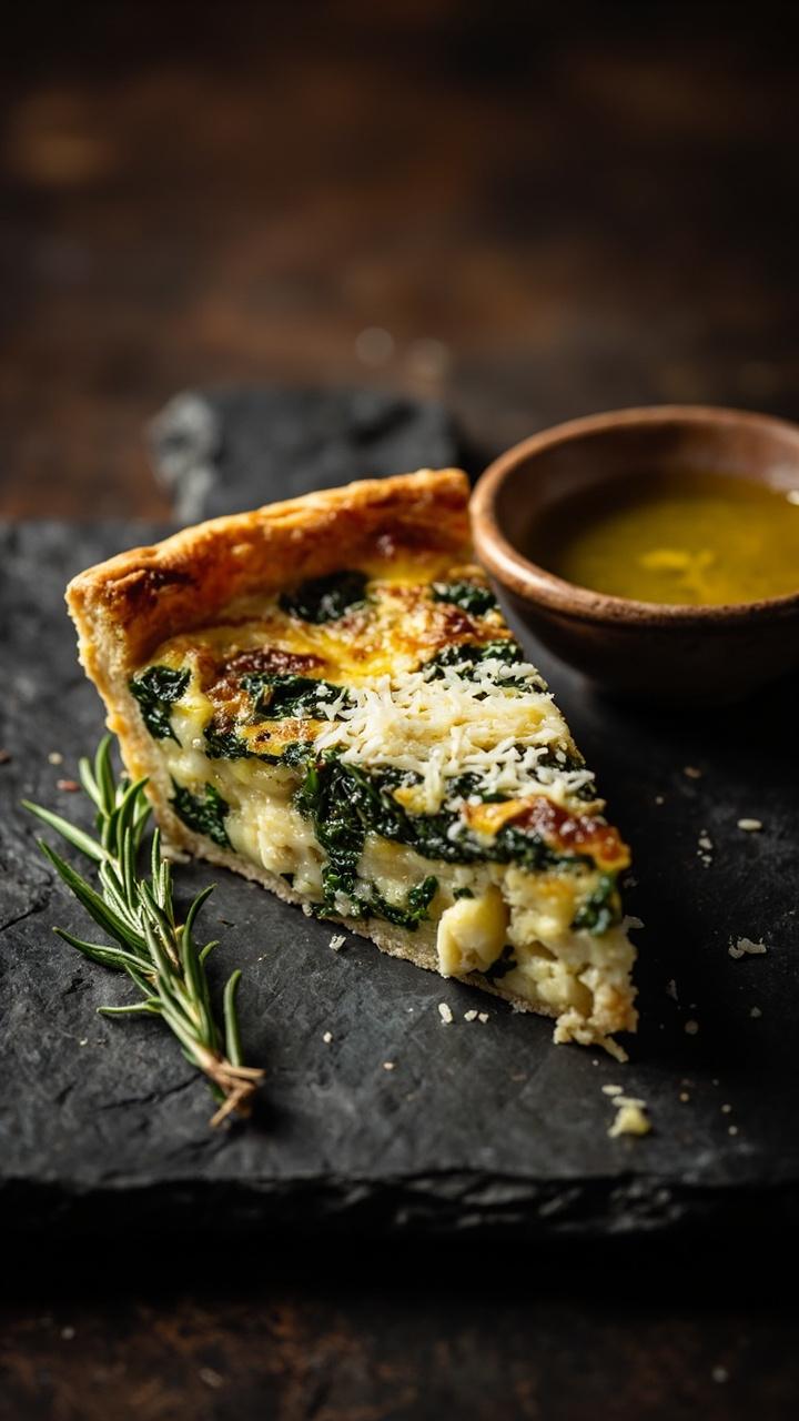 A wedge of crustless quiche on a slate plate with visible green kale pieces and white bean chunks, a golden top with grated Parmesan, a small bowl of extra olive oil, and a sprig of rosemary.