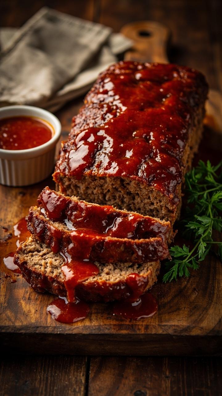 Sliced meatloaf on a wooden cutting board with a glossy tomato glaze on top a small sprig of parsley nearby a small white ramekin of extra glaze and a folded linen napkin