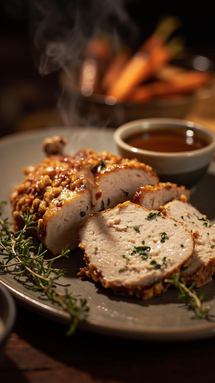 A golden turkey loaf sliced on a ceramic platter with visible flecks of fresh herbs a small bowl of herb gravy on the side roasted carrots in the background and a sprig of thyme for garnish