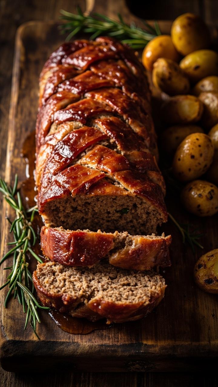 A whole meatloaf wrapped in overlapping strips of browned bacon on a wooden board slices revealing a moist interior a small pile of roasted potatoes and a sprig of rosemary