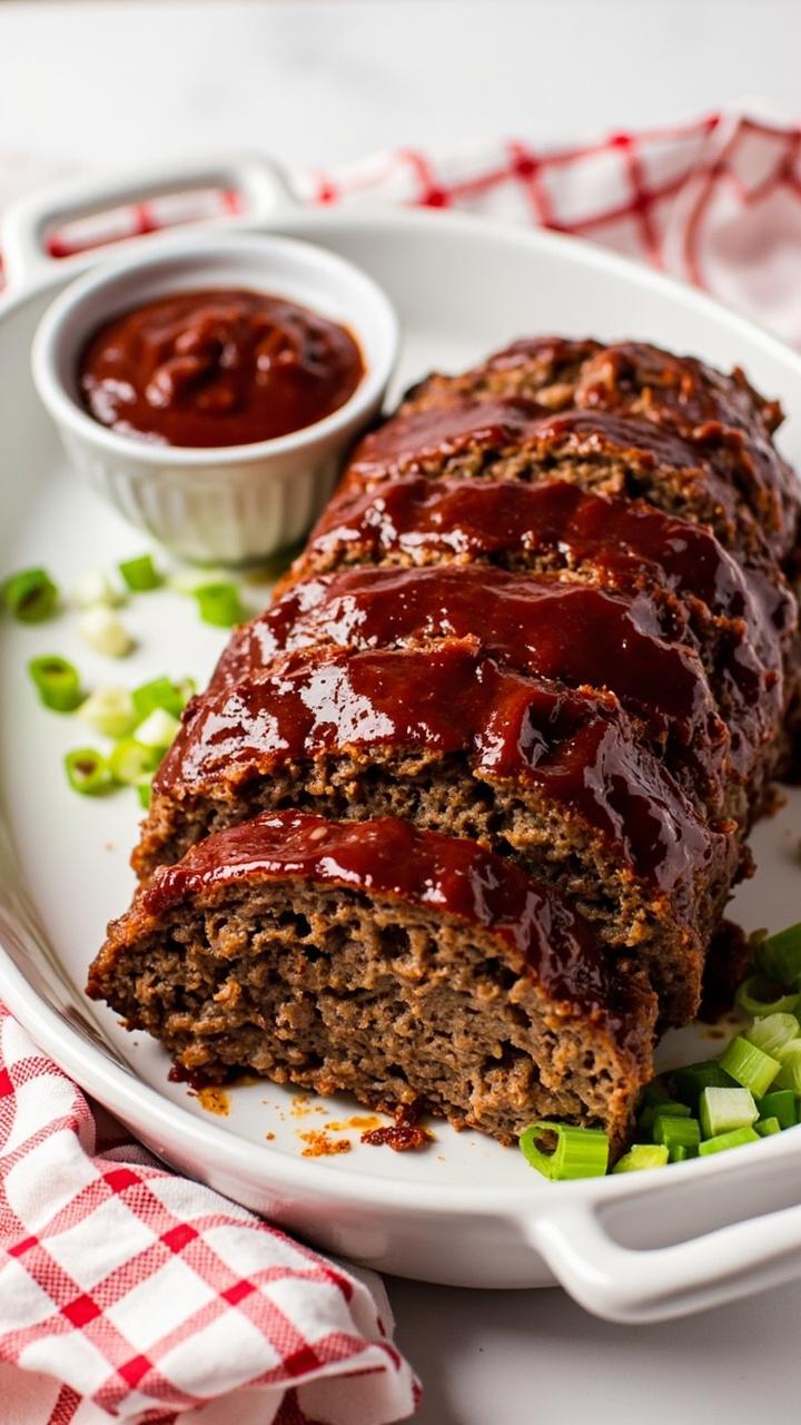 A meatloaf with shiny dark red barbecue glaze sliced on a white platter a small bowl of extra barbecue sauce a scattering of chopped green onions and a checkered napkin