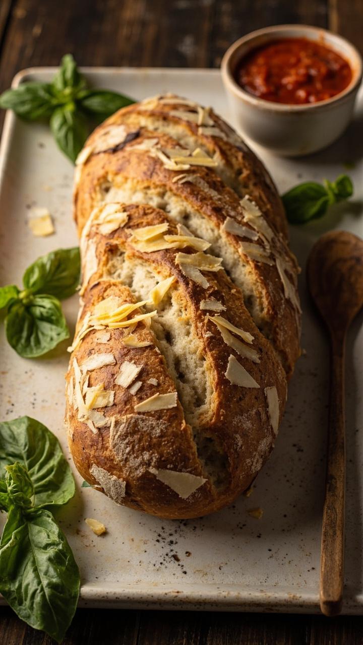 A loaf with a golden crust studded with grated Parmesan slices served on a rustic white platter fresh basil leaves scattered around a small bowl of marinara on the side and a wooden spoon