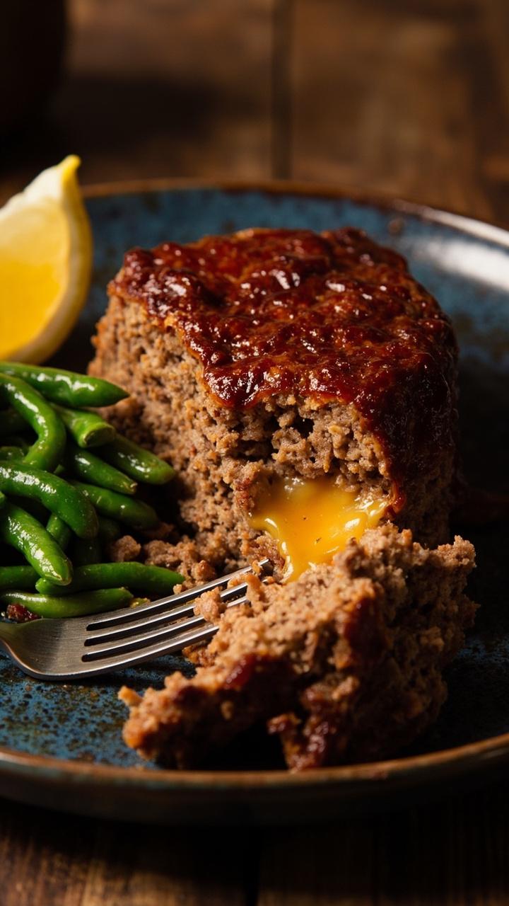 A thick slice of meatloaf with a ribbon of melted cheddar in the center on a blue ceramic plate a fork beside the slice a small pile of steamed green beans and a wedge of lemon