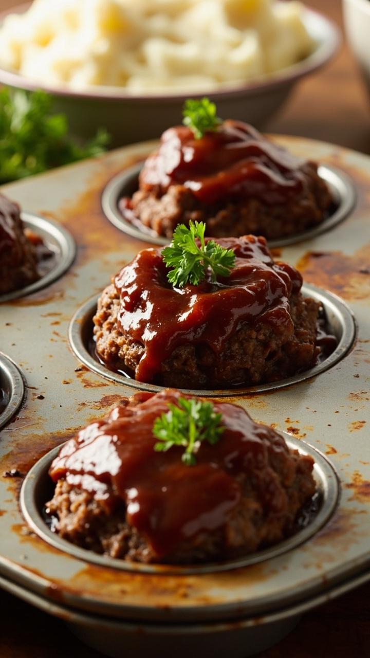 Six mini meatloaf muffins in a metal muffin tin each topped with a glossy glaze a small dish of mashed potatoes in the background and a sprig of parsley on one muffin