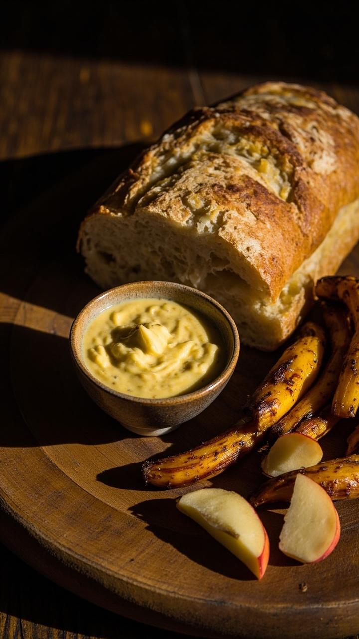 A sliced loaf flecked with grated apple on a wooden board a small bowl of mustard sauce nearby roasted parsnips on the side and a few apple slices for garnish