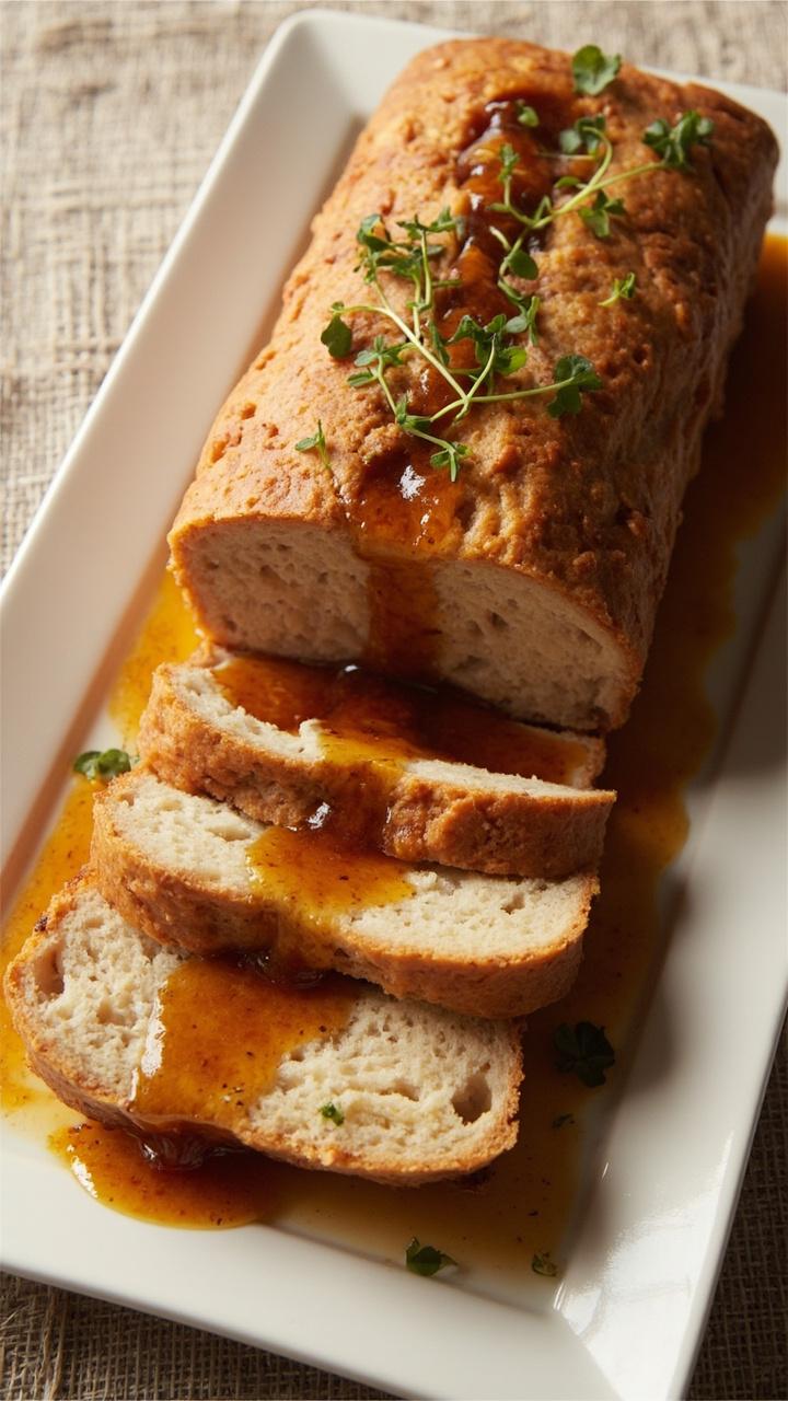 A perfectly browned loaf on a white serving platter thin slices fanned out to show a delicate texture a drizzle of pan jus a few microgreens for garnish and a linen placemat