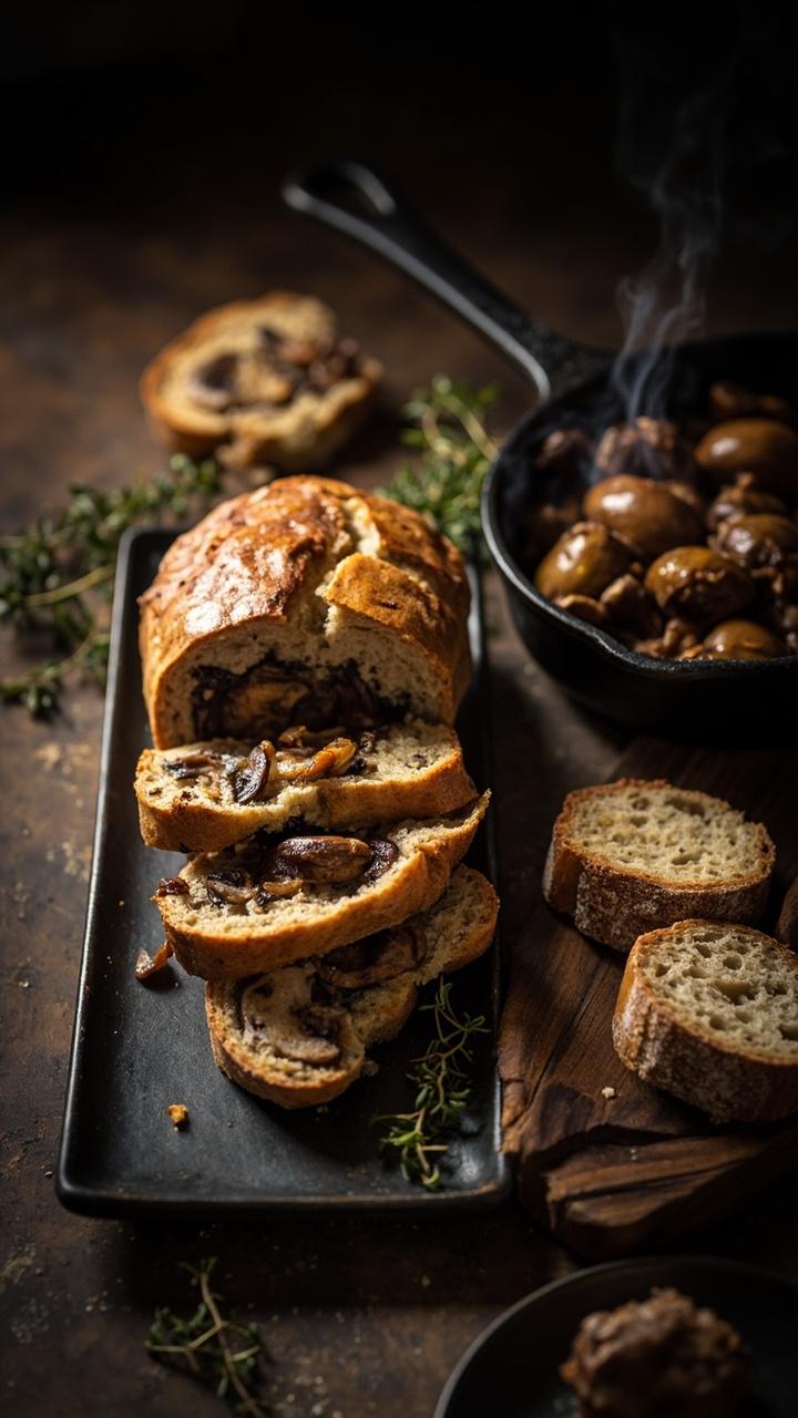 A sliced loaf with visible bits of mushroom and onion on a dark rectangular plate a small skillet with sautéed mushrooms nearby crusty bread on the side and fresh thyme sprigs