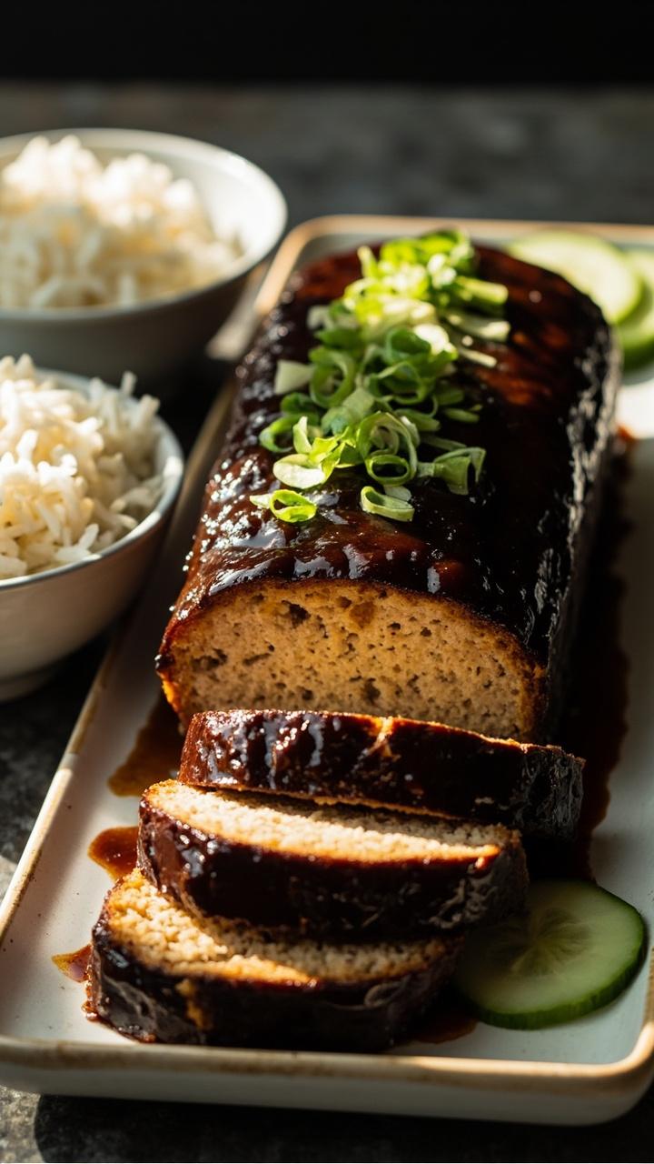 A loaf glazed with a dark soy ginger sauce sliced and placed on a rectangular platter a small bowl of steamed white rice a few thin cucumber slices and a scattering of chopped scallions