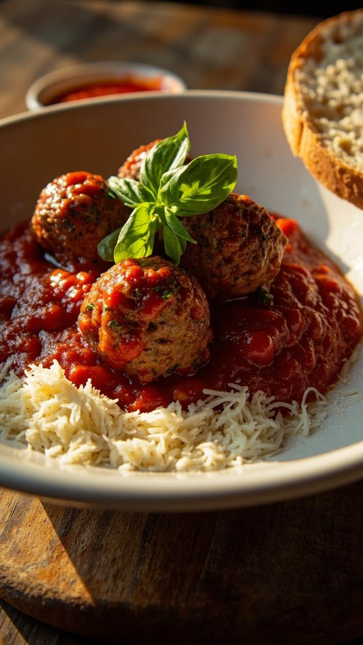 Glossy red marinara pooling around evenly spaced browned meatballs in a wide shallow white bowl. A small pile of grated Parmesan on the side. A torn basil sprig on top. A slice of crusty bread on a wooden board next to the bowl.