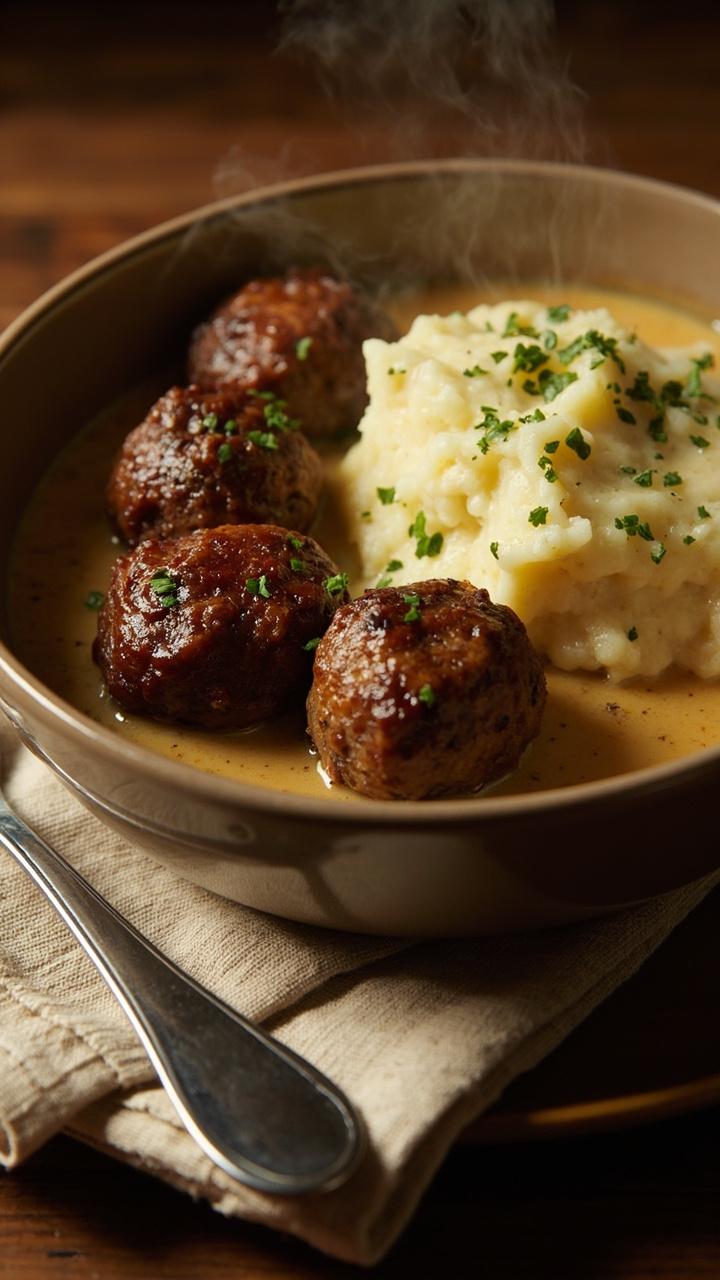 Small browned meatballs nestled in a smooth beige cream sauce in a shallow bowl. A scoop of buttery mashed potatoes beside the meatballs. A sprinkle of chopped parsley on top. A linen napkin folded under a spoon.