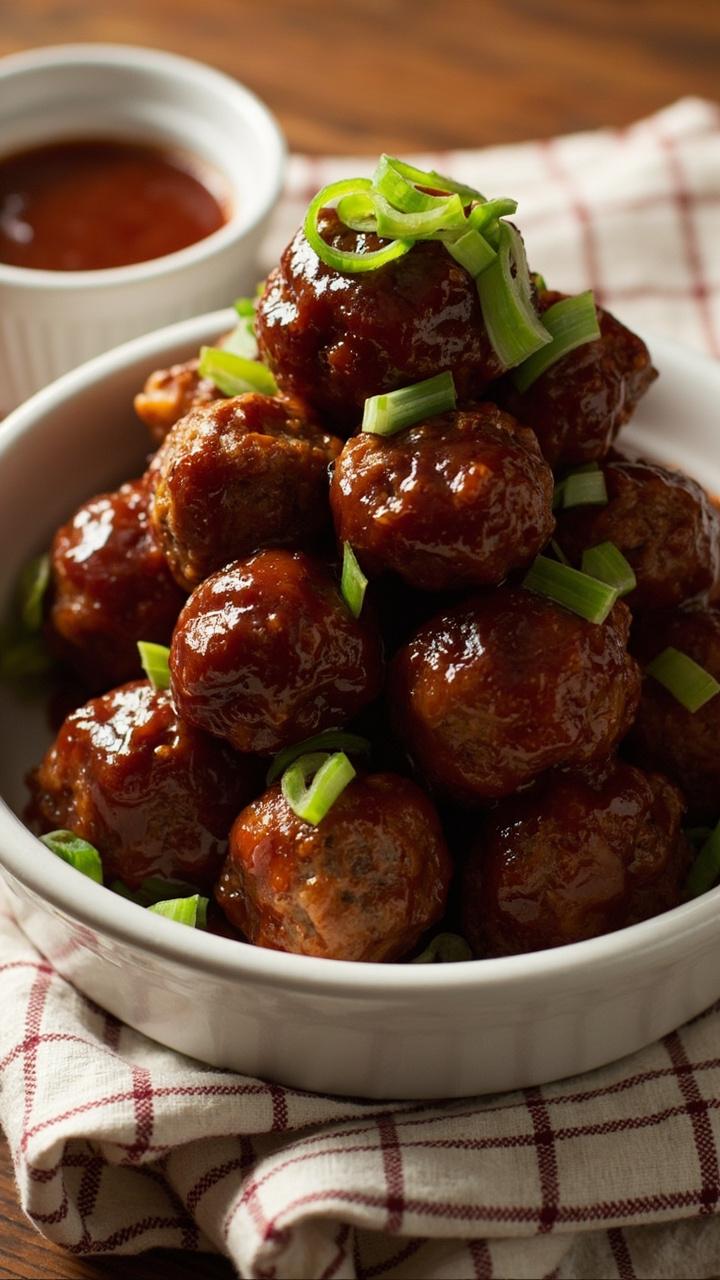 Glazed dark amber meatballs piled in a shallow white serving dish with a glossy sheen. A small ramekin of extra barbecue sauce on the side. Sliced green onions scattered on top. A checked napkin beneath the dish.