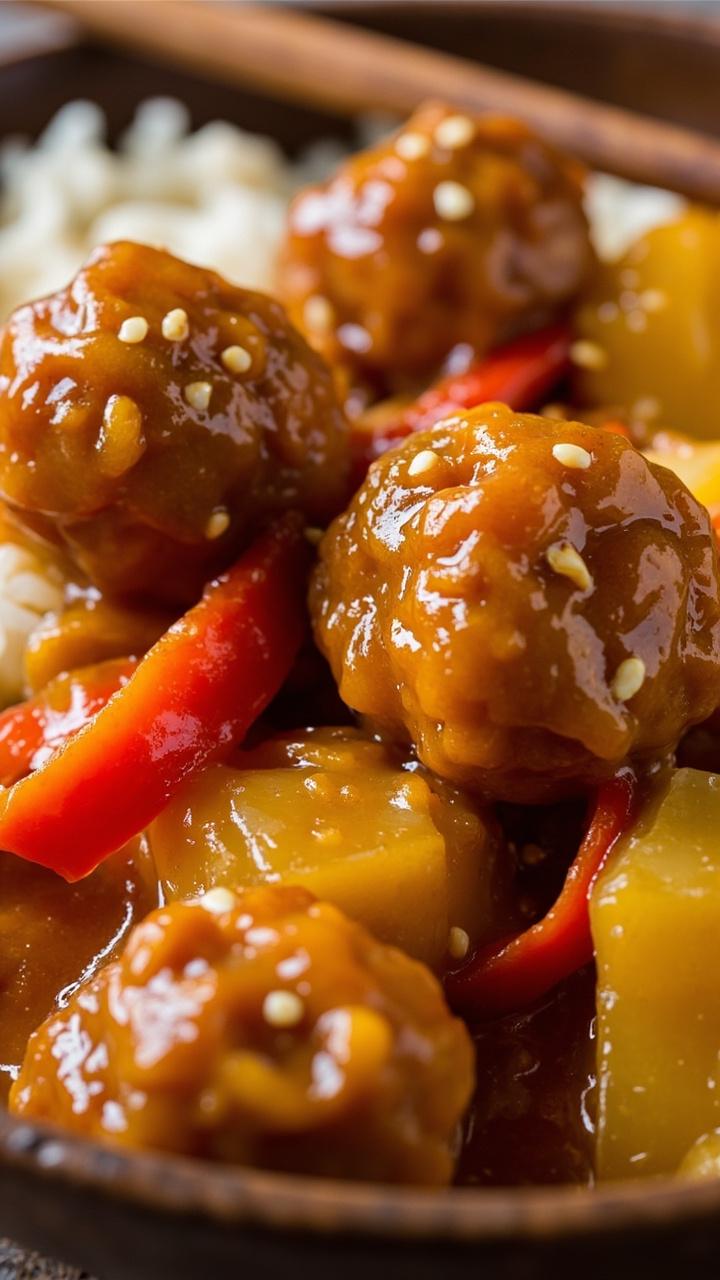 Glossy orange sweet and sour sauce coating meatballs with visible pineapple chunks and red bell pepper strips. The dish is in a shallow bowl with a side of steamed white rice and a pair of chopsticks resting on the rim. A sprinkle of sesame seeds on top.