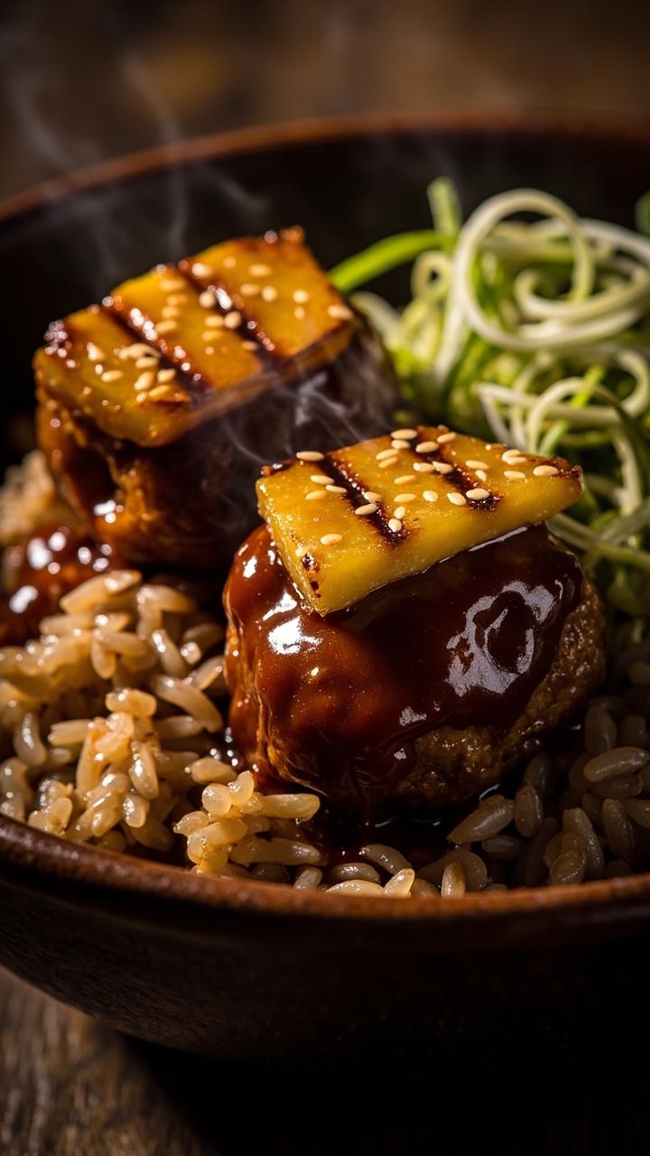 Dark glossy teriyaki meatballs with charred pineapple pieces on top in a deep bowl. A small mound of steamed brown rice beside them. A scattering of toasted sesame seeds and thinly sliced scallions over the dish.