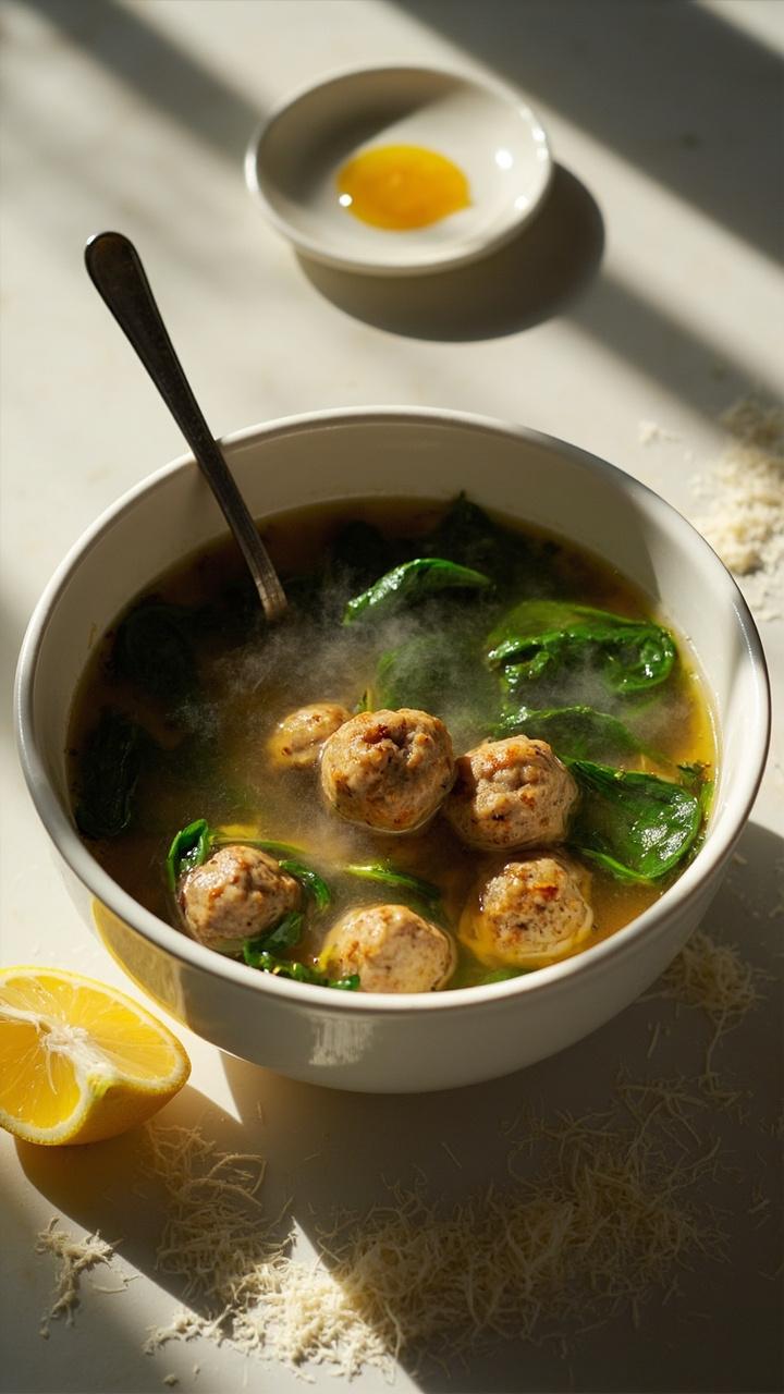 Clear golden broth with small tender meatballs and bright green spinach leaves floating through it in a deep white bowl. A spoon resting in the bowl and a lemon wedge on a saucer nearby. A scattering of grated Parmesan at the edge.